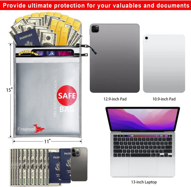 COLCASE Fireproof Document Bag Upgraded 2 Pockets (2000 ℉)15 x 11 Inches Silicone Coated Fireproof and Waterproof Bag Fireproof Safe Bag Storage for Money, Documents, Jewelry and Passport Silver - Image 3