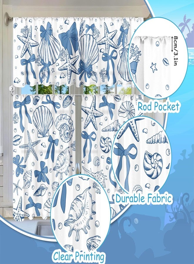 Breling 3 Pcs Blue Bow Starfish Seashell Kitchen Curtains Valances and Tiers Set for Windows Ocean Coastal Beach Decor Short Curtain Set for Bedroom Window Sea Mermaid Birthday Party Favor - Image 3