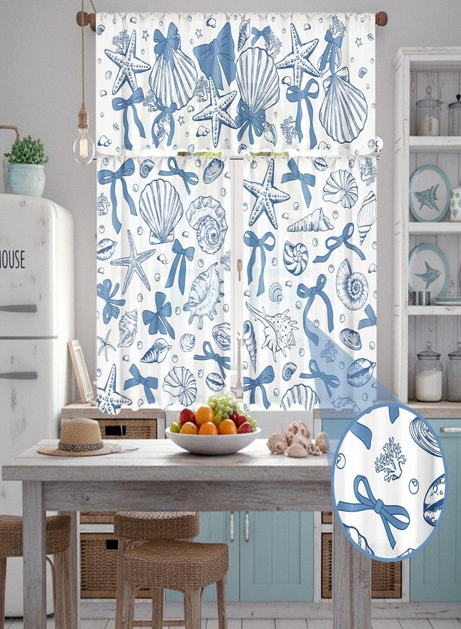 Breling 3 Pcs Blue Bow Starfish Seashell Kitchen Curtains Valances and Tiers Set for Windows Ocean Coastal Beach Decor Short Curtain Set for Bedroom Window Sea Mermaid Birthday Party Favor - Image 4