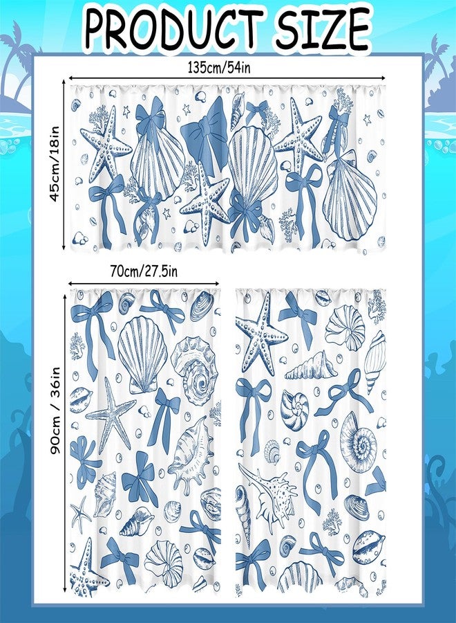Breling 3 Pcs Blue Bow Starfish Seashell Kitchen Curtains Valances and Tiers Set for Windows Ocean Coastal Beach Decor Short Curtain Set for Bedroom Window Sea Mermaid Birthday Party Favor - Image 2