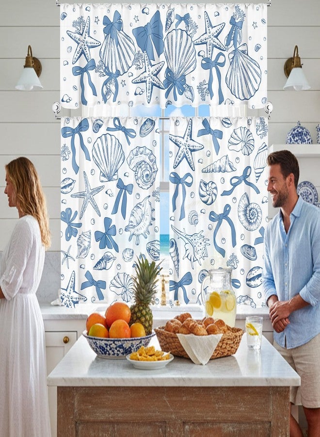 Breling 3 Pcs Blue Bow Starfish Seashell Kitchen Curtains Valances and Tiers Set for Windows Ocean Coastal Beach Decor Short Curtain Set for Bedroom Window Sea Mermaid Birthday Party Favor - Image 5
