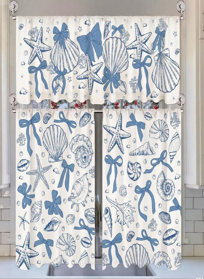 Breling 3 Pcs Blue Bow Starfish Seashell Kitchen Curtains Valances and Tiers Set for Windows Ocean Coastal Beach Decor Short Curtain Set for Bedroom Window Sea Mermaid Birthday Party Favor - Image 1