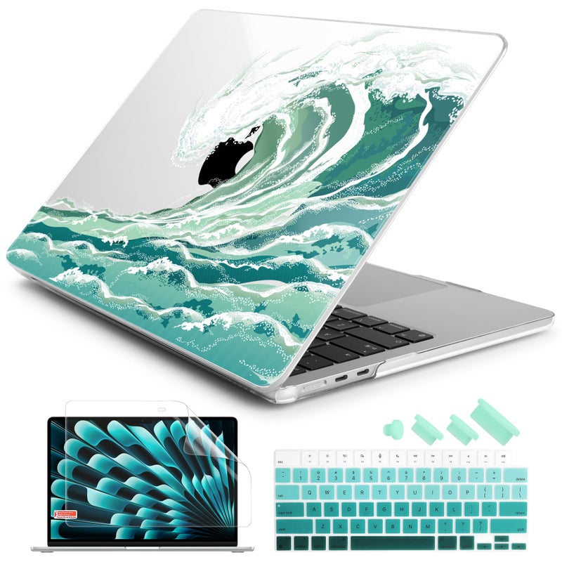 Batianda Premium Case for New MacBook Air 15 inch 2025 M4 2024 2023 with M3 M2 Chip Model A3241/A3114/A2941, Designed Protective Plastic Hardshell & Keyboard Cover & Screen Protector, Waves - Image 1