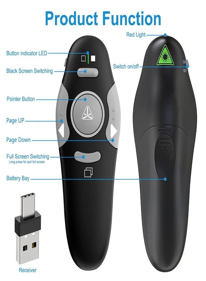 VOVIGGOL جهاز تحكم عن بعد لاسلكي 2 في 1 من VOVIGGOL USB/Type-C لعرض عروض PowerPoint التقديمية، يعمل بتردد 2.4 جيجاهرتز، متوافق مع أجهزة Mac والكمبيوترات المحمولة. - Image 3