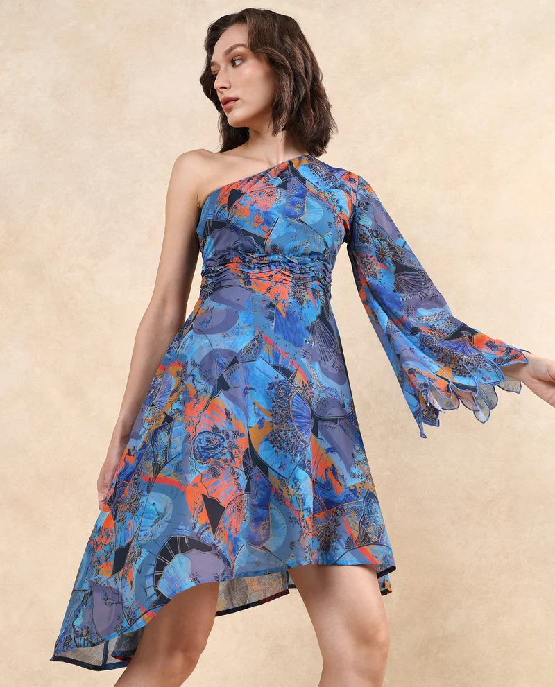Rareism Women's One Shoulder Printed Dress