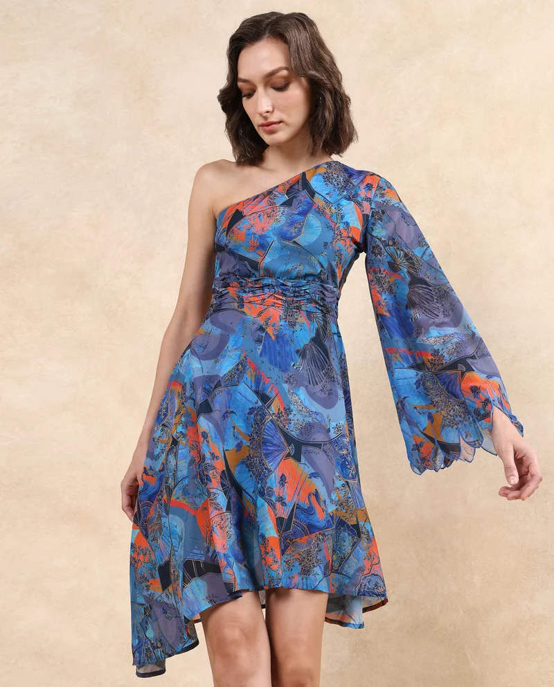 Rareism Women's One Shoulder Printed Dress