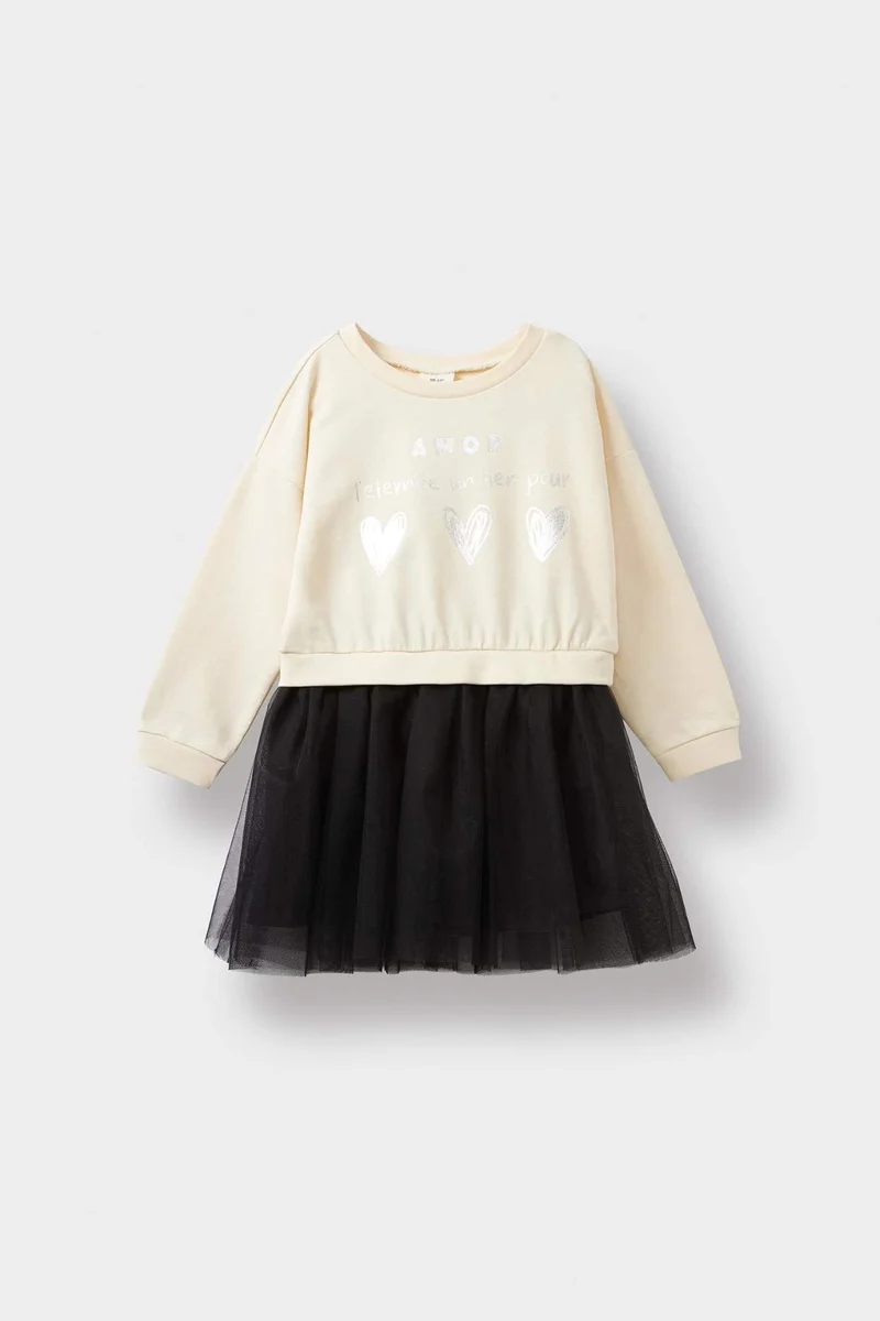 ديفاكتو Baby Girl Printed Long Sleeve Tulle Dress
