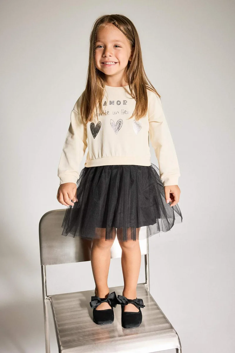 ديفاكتو Baby Girl Printed Long Sleeve Tulle Dress