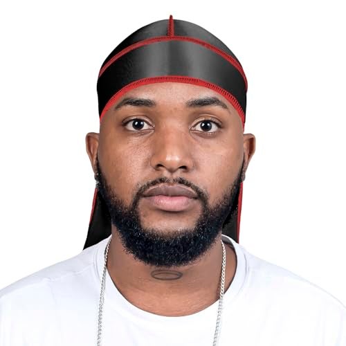 ForceWave Durag for Men Silky Durag Pack 2 Pieces for Men Women Waves, Premium Satin Deluxe Du-rag (Black and Black with Red Seam) - Image 2