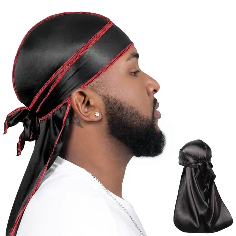 ForceWave Durag for Men Silky Durag Pack 2 Pieces for Men Women Waves, Premium Satin Deluxe Du-rag (Black and Black with Red Seam) - Image 1