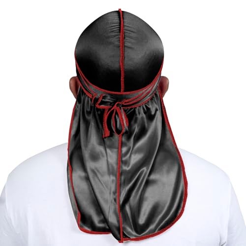 ForceWave Durag for Men Silky Durag Pack 2 Pieces for Men Women Waves, Premium Satin Deluxe Du-rag (Black and Black with Red Seam) - Image 3