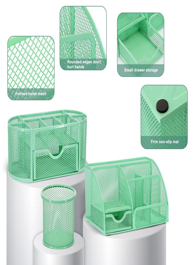 Froidesente 17 in 1 Green Desk Organizers and Accessories Set, 3 Office Desk Supplies Storage Organization, 4 Pens, Stapler, Staples & Remover, Tape & Dispenser, Scissors, Ruler, Clips, Hole Punch, Back to School - Image 3