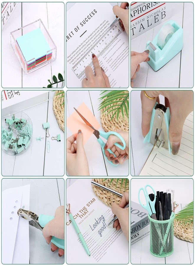 Froidesente 17 in 1 Green Desk Organizers and Accessories Set, 3 Office Desk Supplies Storage Organization, 4 Pens, Stapler, Staples & Remover, Tape & Dispenser, Scissors, Ruler, Clips, Hole Punch, Back to School - Image 5