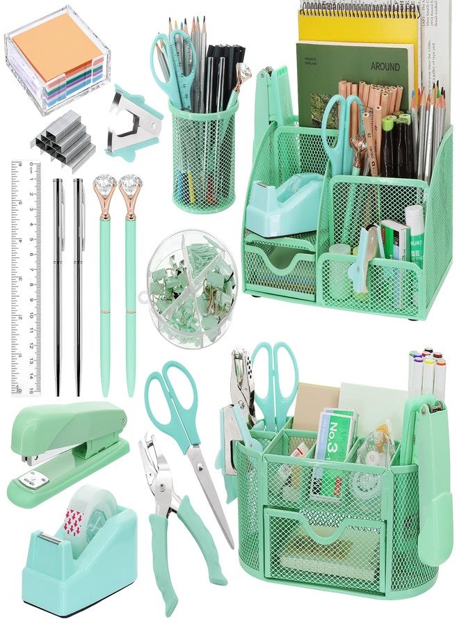 Froidesente 17 in 1 Green Desk Organizers and Accessories Set, 3 Office Desk Supplies Storage Organization, 4 Pens, Stapler, Staples & Remover, Tape & Dispenser, Scissors, Ruler, Clips, Hole Punch, Back to School - Image 1