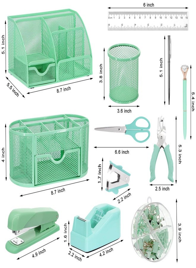 Froidesente 17 in 1 Green Desk Organizers and Accessories Set, 3 Office Desk Supplies Storage Organization, 4 Pens, Stapler, Staples & Remover, Tape & Dispenser, Scissors, Ruler, Clips, Hole Punch, Back to School - Image 2