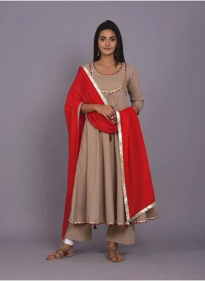 زيري سوق Biscuit And Red Kurta Palazzo Dupatta Set