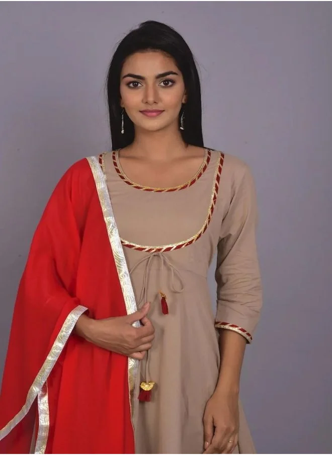 زيري سوق Biscuit And Red Kurta Palazzo Dupatta Set