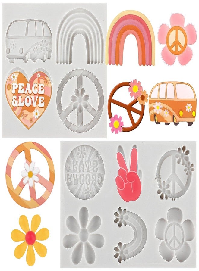 Sijiangmold Groovy Silicone Molds Daisy Rainbows Flower Fondant Molds Buses Peace Signs Candy Mold For Groovy Retro Hippie Boho Party Cake Decorating Cupcake Topper Polymer Clay Gum Paste Set Of 2 - Image 1