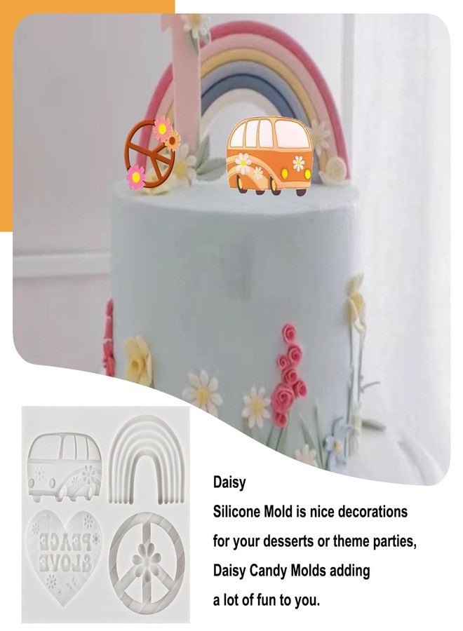 Sijiangmold Groovy Silicone Molds Daisy Rainbows Flower Fondant Molds Buses Peace Signs Candy Mold For Groovy Retro Hippie Boho Party Cake Decorating Cupcake Topper Polymer Clay Gum Paste Set Of 2 - Image 3