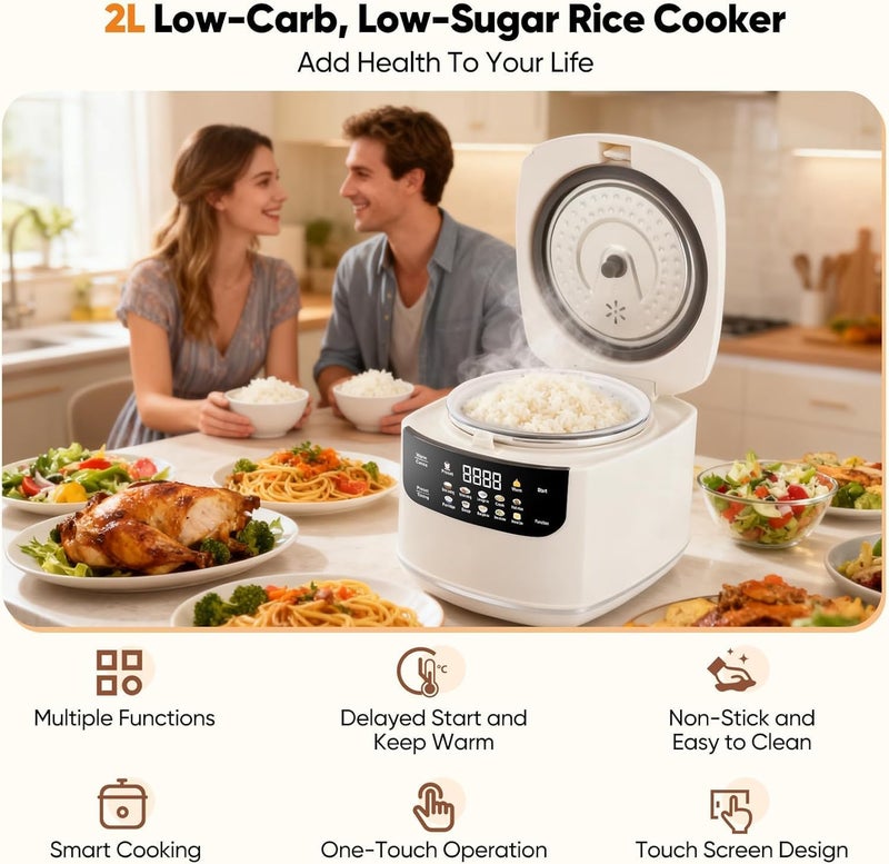 LINJIE Electric Rice Cooker,2L Mini Protable Rice Cooker, 10 in 1 Low Carb Cooker with Steamer,24 hours Timer Delay,for 1-3 People, Rice Maker for Grains, White Rice, Porridge, and Soup - Image 3