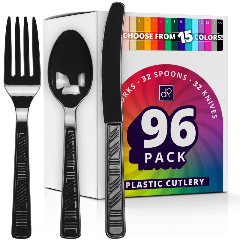 DecorRack Plastic Cutlery Set Black Colored Plastic Silverware Sets for Parties 96 Piece Bulk Heavy Duty Utensils Black 96 Pieces
