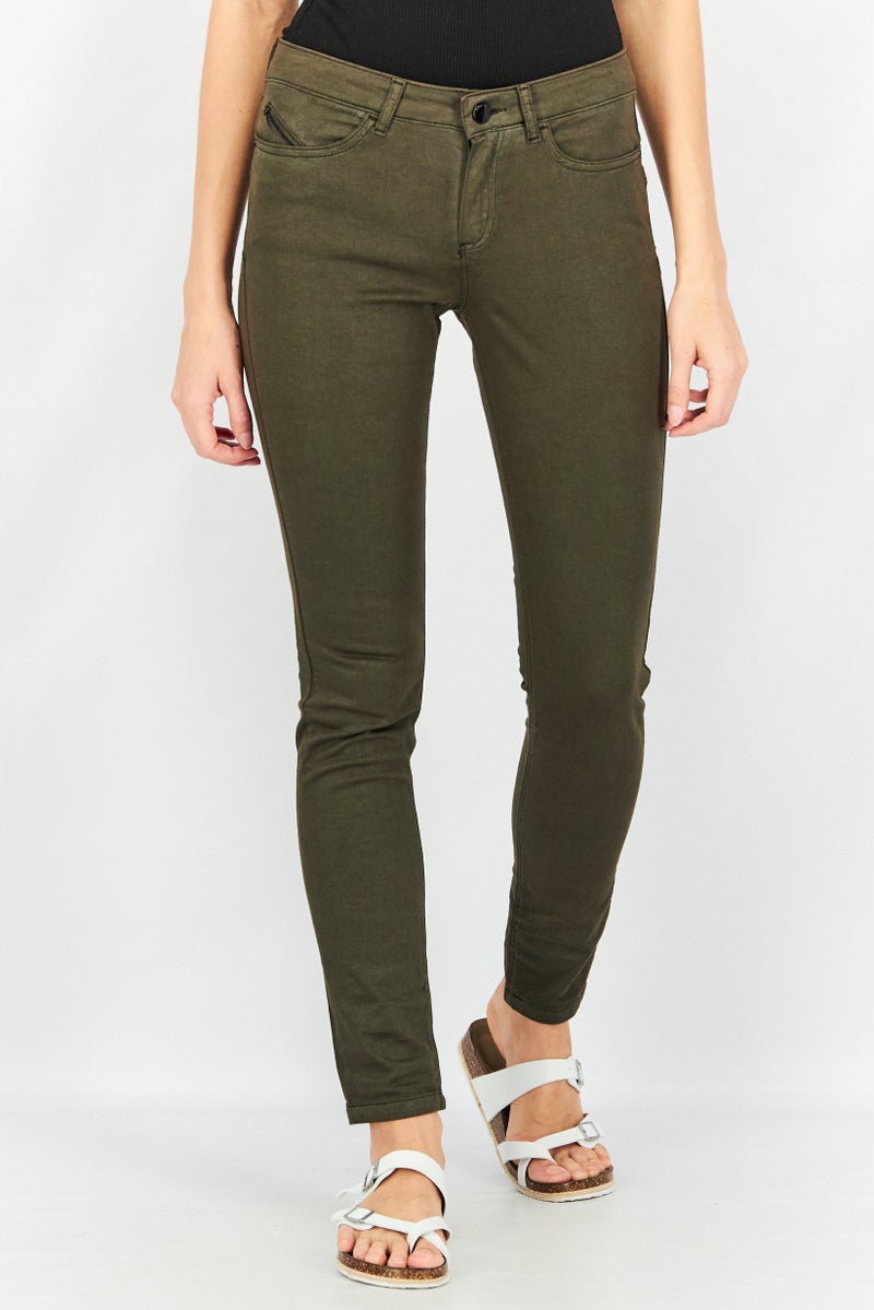 One Step Women Slim Fit Plain Four Pocket Pants, Dark Green - Image 1