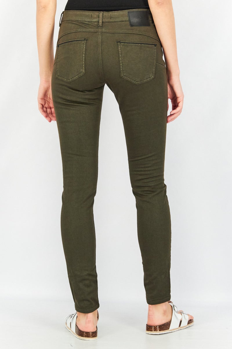 One Step Women Slim Fit Plain Four Pocket Pants, Dark Green - Image 4