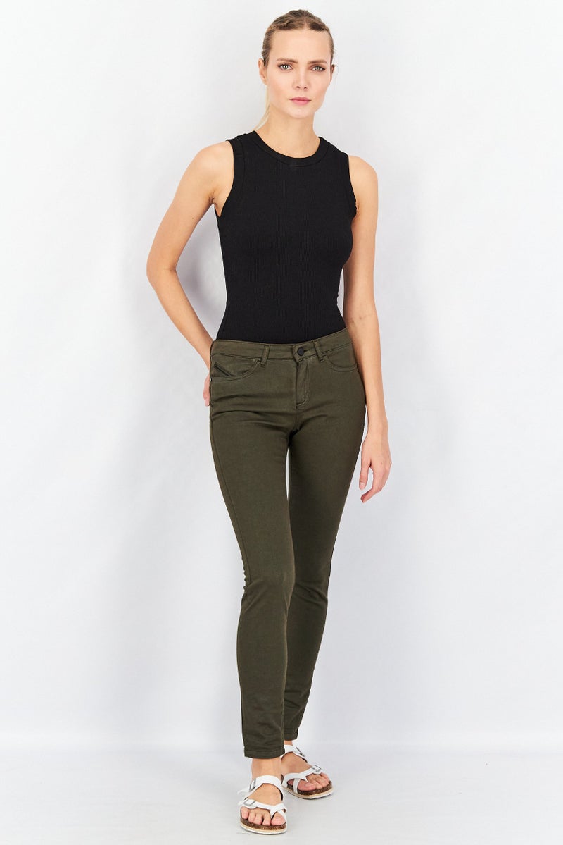 One Step Women Slim Fit Plain Four Pocket Pants, Dark Green - Image 2