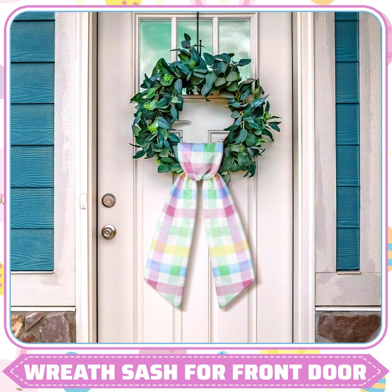 CraftyDream Wreath Sash for Front Door Wreath Satin Sash Blank Sashes Embroidery Monogram Yard Doorway Indoor Outdoor Wall Ribbon Bow Home Decor(Pastel,Easter Buffalo Plaid) - Image 2
