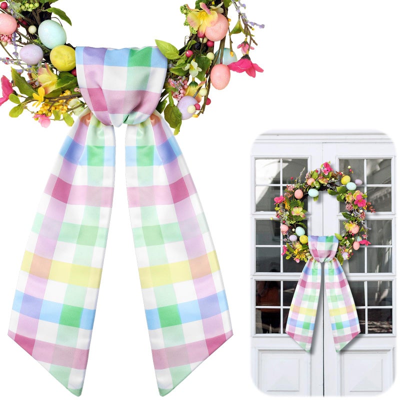 CraftyDream Wreath Sash for Front Door Wreath Satin Sash Blank Sashes Embroidery Monogram Yard Doorway Indoor Outdoor Wall Ribbon Bow Home Decor(Pastel,Easter Buffalo Plaid) - Image 1