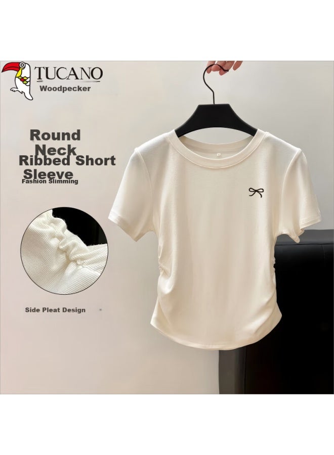 Wood Women's Short Sleeve T-shirt With Round Neck And Butterfly Embroidery, Summer New Style With Pleated Waist And Half Sleeve Top, White, 2XL
