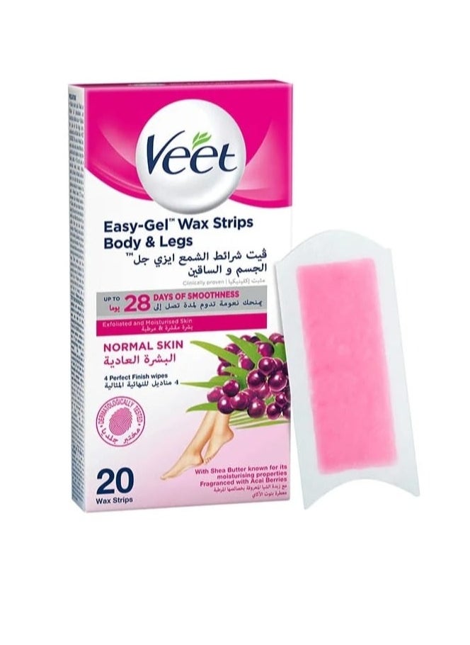 Veet Easy Gel Wax Strips Body And Legs For Normal Skin Hair Removal Moisturising Shea Butter 20 Strips  - Image 1