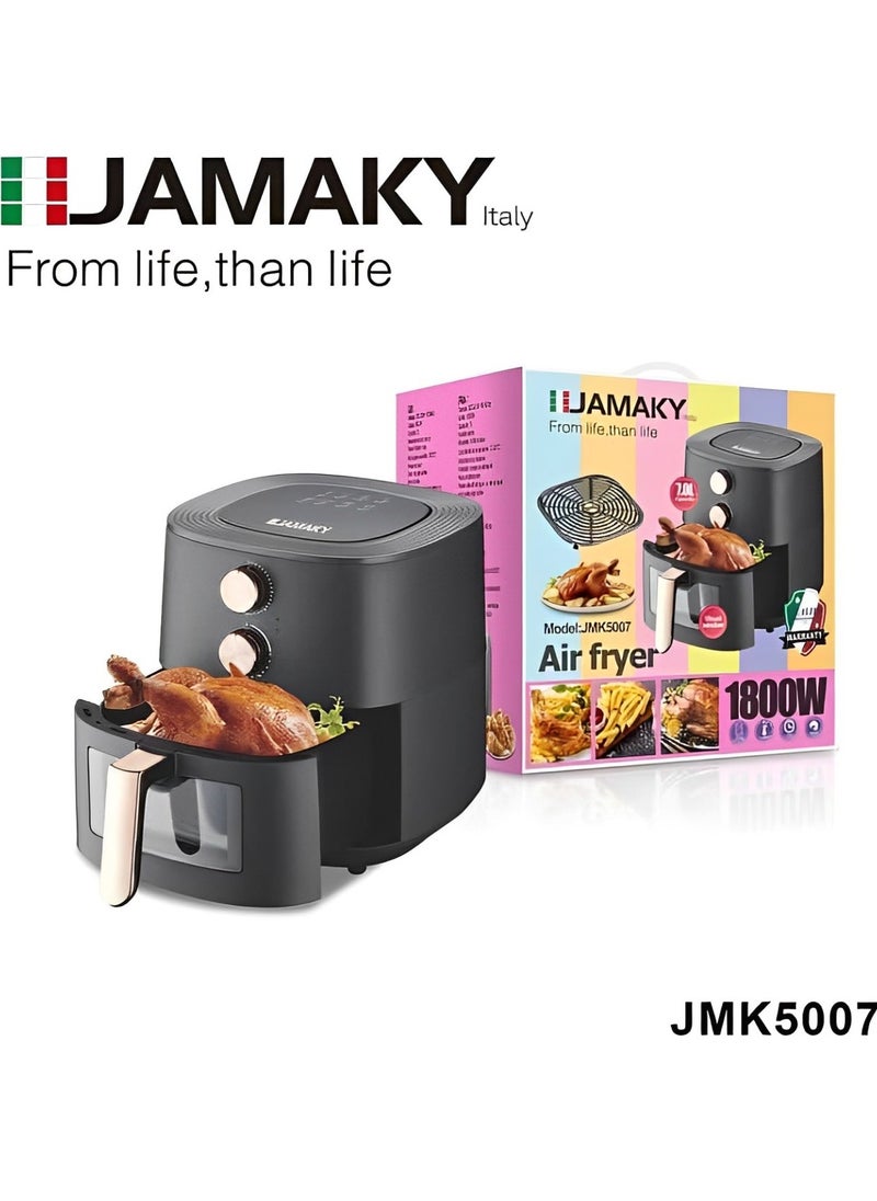 JAMAKY Italy - 7L Oil-Free Air Fryer 1800W with Italian technology - Visible Window Design Timer: 0-60 minutes Power Indicator Temperature Control Overheat Protection Non-slip Feet Non-stick Basket for Easy Removal and Quick Cleaning - Image 1