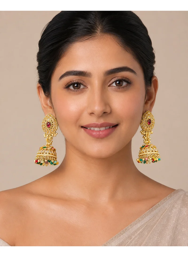 Lehar Imitation Gold Tone Kundan Jhumka Earrings with Ruby Stone & Multicolor Beads