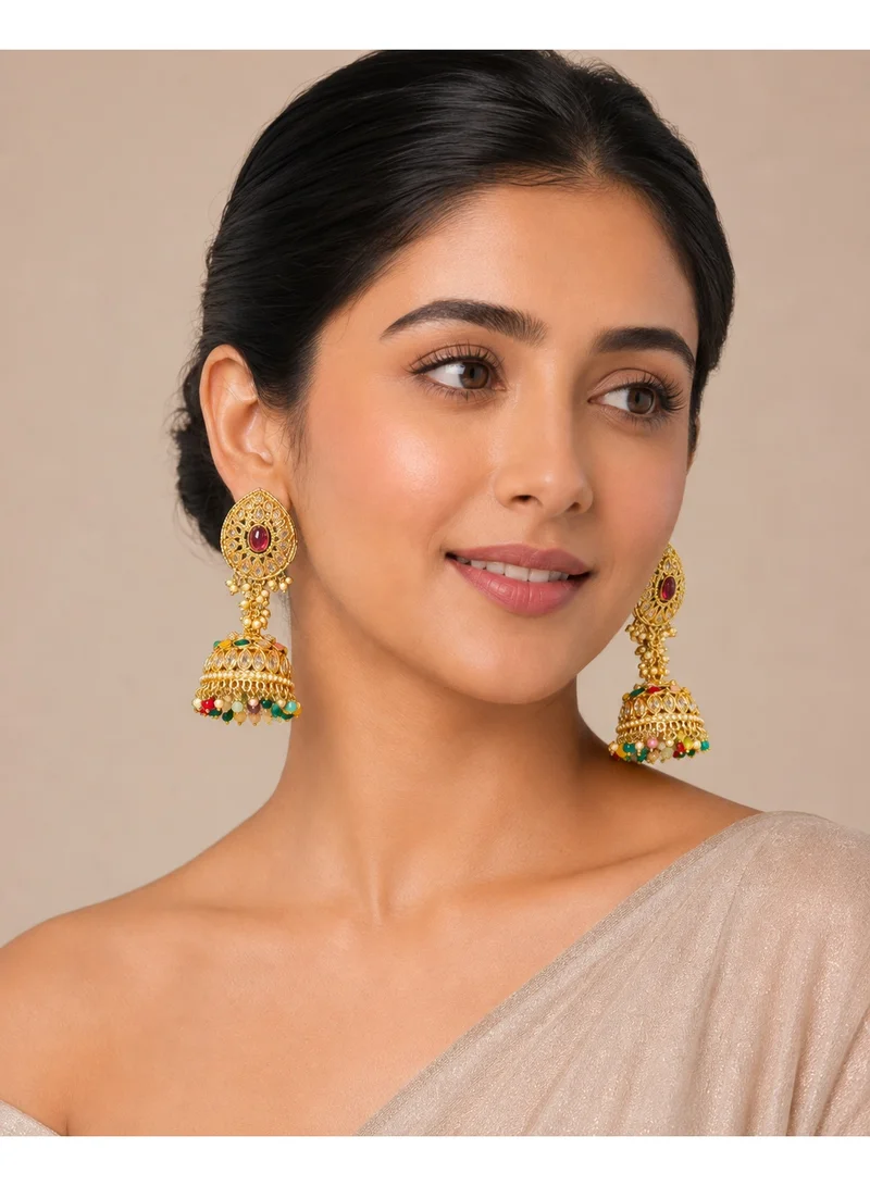 Lehar Imitation Gold Tone Kundan Jhumka Earrings with Ruby Stone & Multicolor Beads