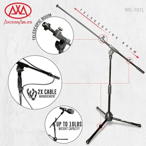 AXA AXCESSABLES AxcessAbles Low-Profile Microphone Tripod Stand with Boom Arm | Adjustable Height Short Floor Mic Stand with Boom | Kick Drum Mike Stands | Guitar Amp Stands (2-Pack) - Image 3