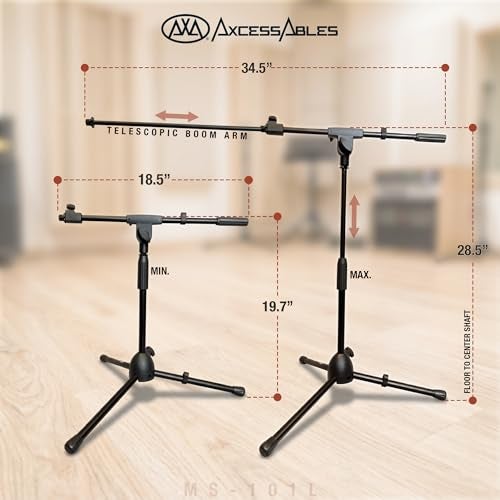 AXA AXCESSABLES AxcessAbles Low-Profile Microphone Tripod Stand with Boom Arm | Adjustable Height Short Floor Mic Stand with Boom | Kick Drum Mike Stands | Guitar Amp Stands (2-Pack) - Image 2