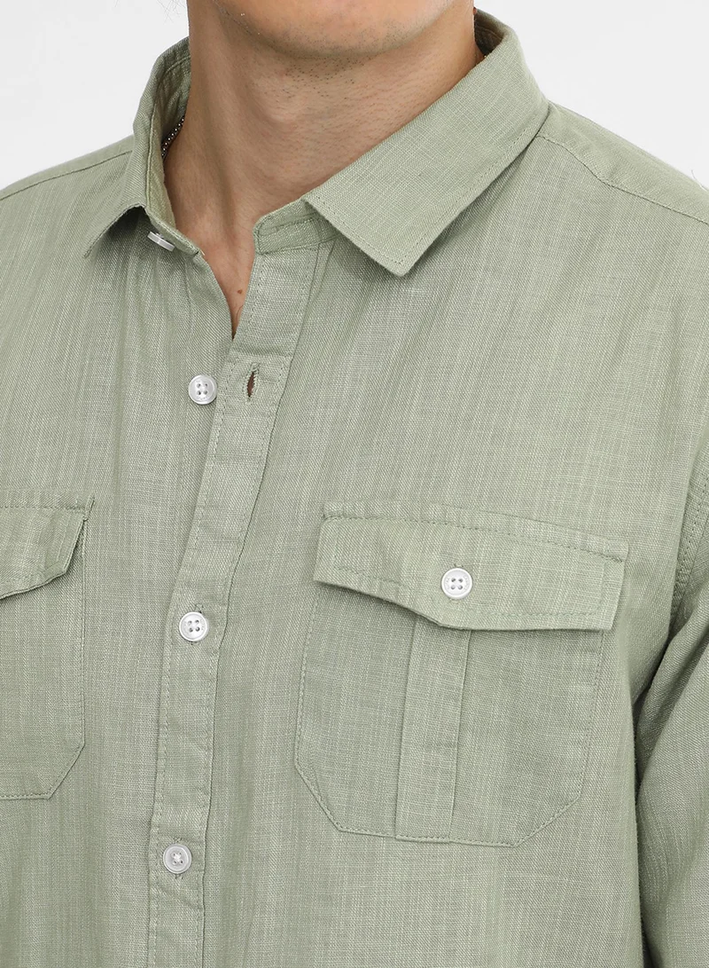 Campus Sutra Men's Olive Green Solid Utility Shirt