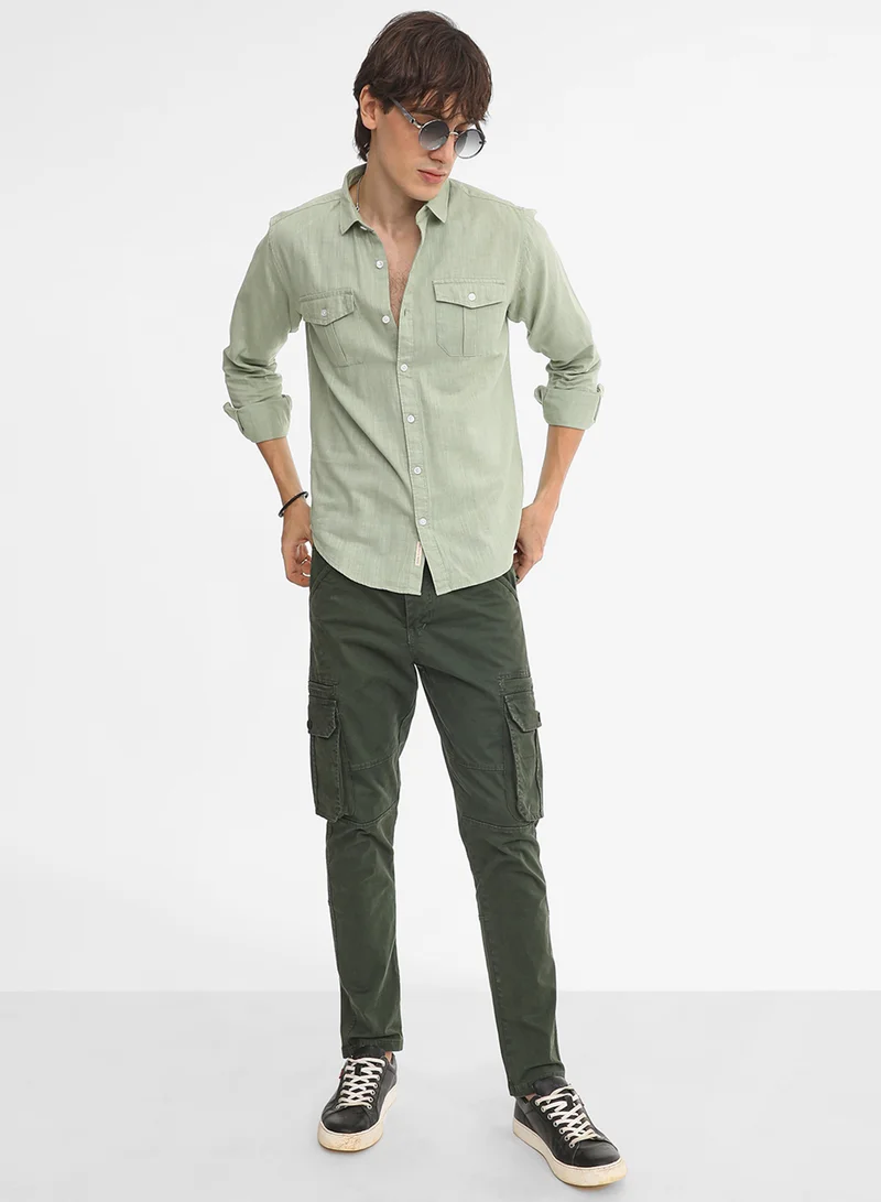 Campus Sutra Men's Olive Green Solid Utility Shirt