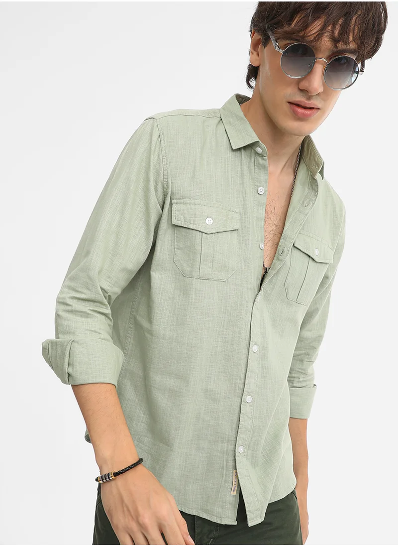 كامبوس سوترا Men's Olive Green Solid Utility Shirt