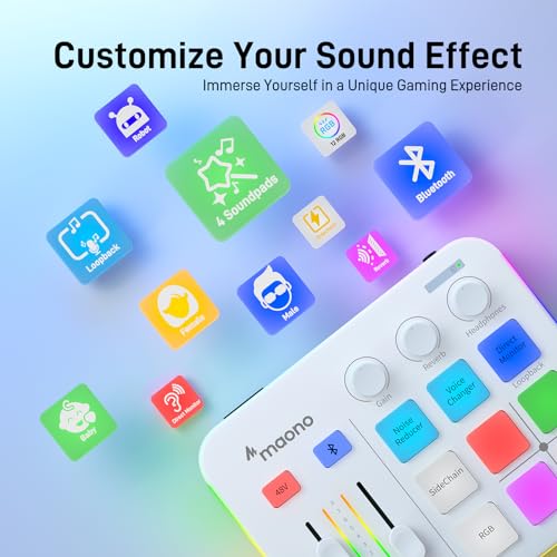 Maono ماونو ميكسر صوت الألعاب، واجهة صوت مع مضخم احترافي، RGB، بلوتوث، طاقة فانتوم 48 فولت للبث المباشر، البودكاست، إنشاء المحتوى، الألعاب ماونوكاستر G1 نيو (أبيض) - Image 4