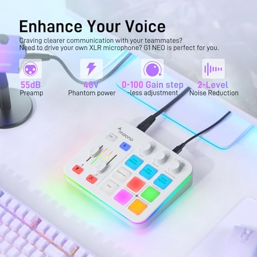 Maono ماونو ميكسر صوت الألعاب، واجهة صوت مع مضخم احترافي، RGB، بلوتوث، طاقة فانتوم 48 فولت للبث المباشر، البودكاست، إنشاء المحتوى، الألعاب ماونوكاستر G1 نيو (أبيض) - Image 3