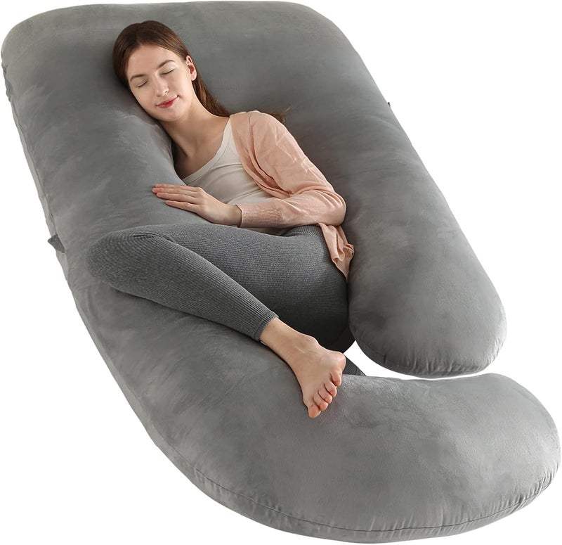 Elover Pregnancy Must Haves Pregnancy Pillow U-Shaped Full Body Maternity Support Pillow for Pregnant Women with Replaceable and Washable Velvet Cover Size 57" (Haze Grey, Velvet) - Image 1