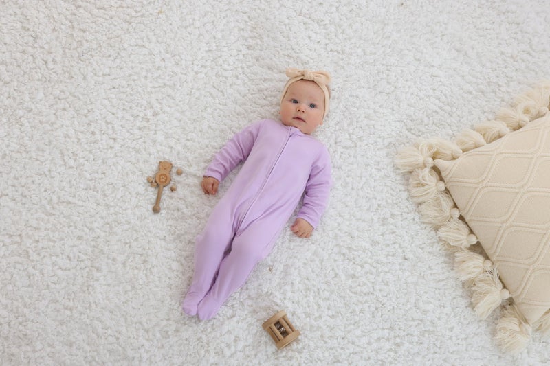 GUISBY Footed Long Sleeve Baby Pajamas with Zipper Cotton Infant Sleepers Light Pink+Purple 9-12 Months - Image 3