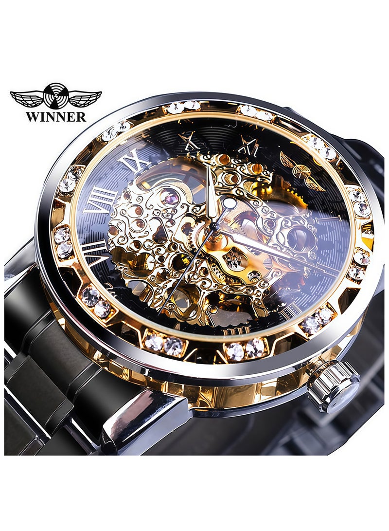 وينر ساعة رجالية أنيقة وعملية بهيكل عظمي يدوي مرصع بأحجار الراين