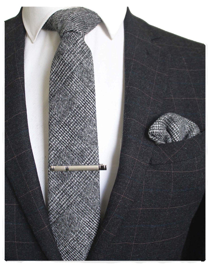 JEMYGINS White and Black Cashmere Wool Necktie and Pocket Square, Hankerchief and Tie Clip Sets for Men (7) - Image 1