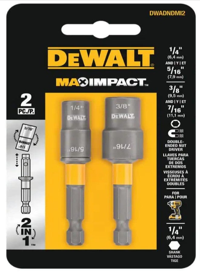 ديوالت مفك صواميل DEWALT Magnetic MAX IMPACT مزدوج الطرف مصنوع من الفولاذ الكربوني (عبوة من قطعتين) يتضمن مفكات صواميل بمقاسات من 1/4 إلى 5/16 ومن 3/8 إلى 7/16 لمفك صواميل بمقاس 1/4 بوصة (DWADNDMI2) - Image 1
