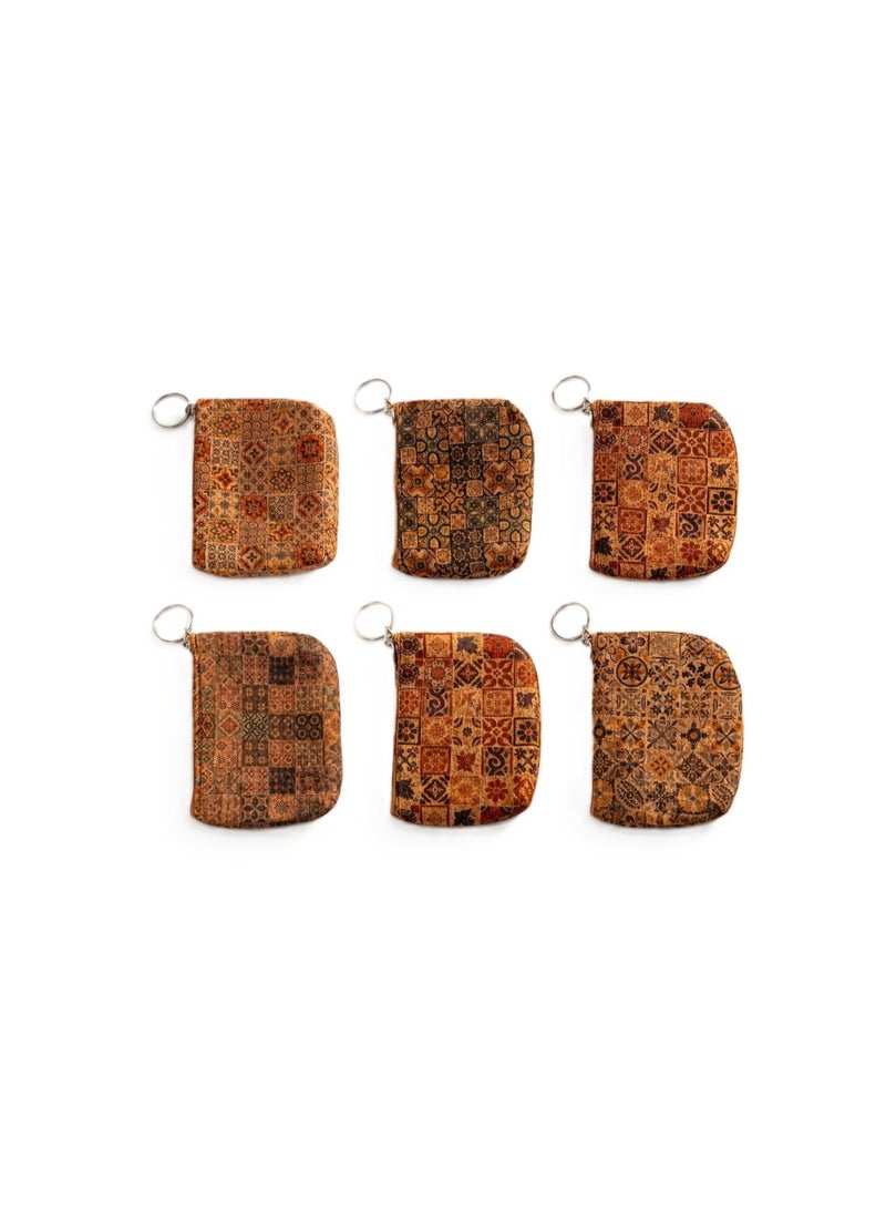 Set of 6 Mini Coin Purses with Traditional Mosaic Pattern, Durable Fabric Keychain Pouches