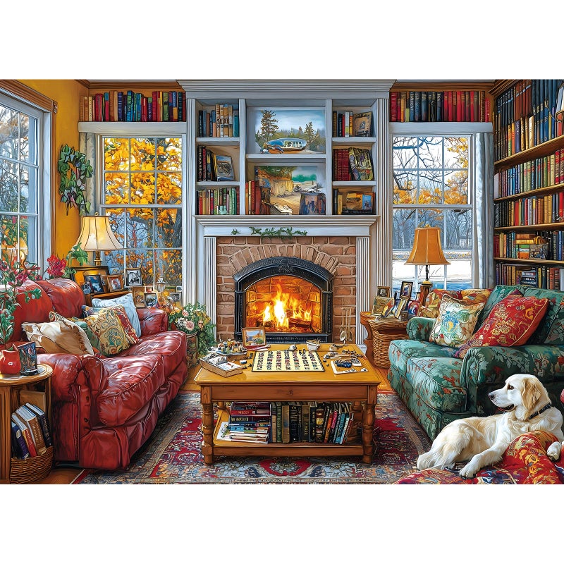 Cozy Reading Room 1000 Piece Jigsaw Puzzle for Adults Winter Library Scene with Fireplace, Books & Dog | Adult Puzzles for Relaxation, Fun Games for Game Night, Unique Mind Puzzles