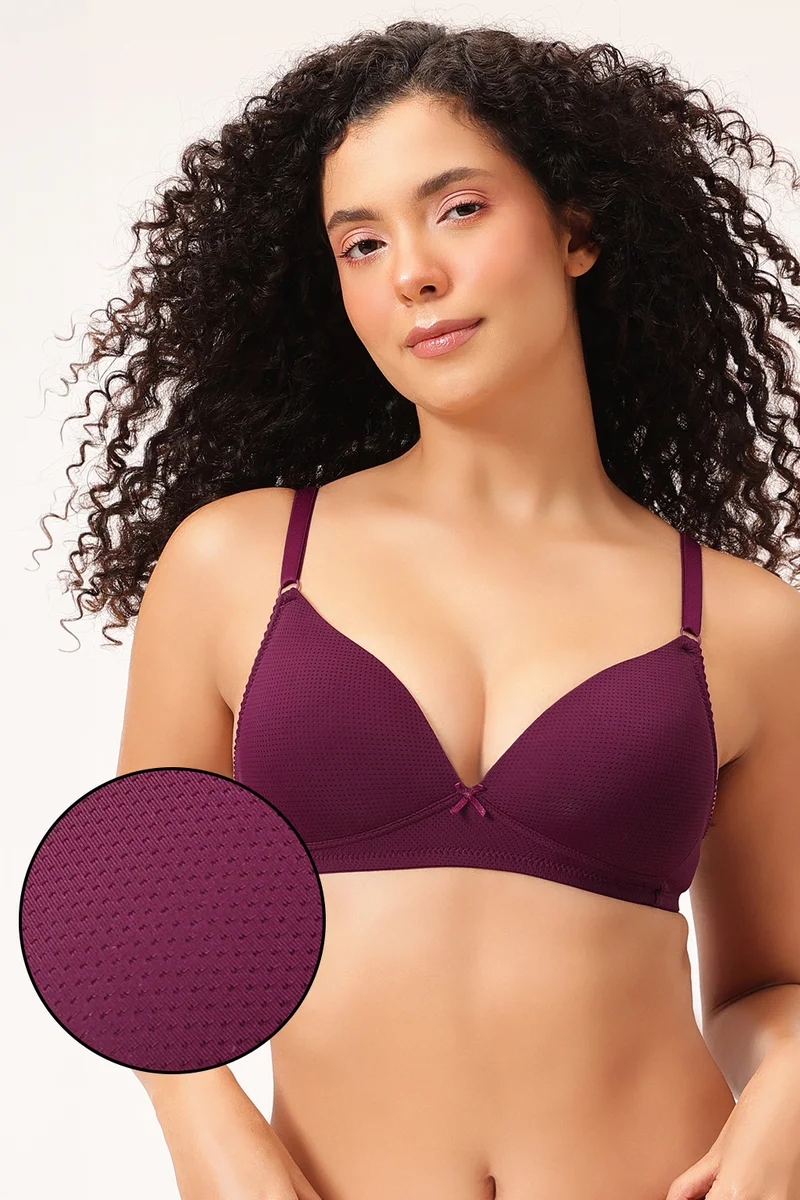 Clovia Clovia Padded Non-Wired Demi Cup Self-Textured Plunge Bra in Wine Colour